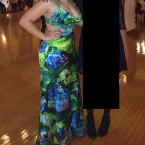 Green/Blue Long Dress with Beading and Cutouts